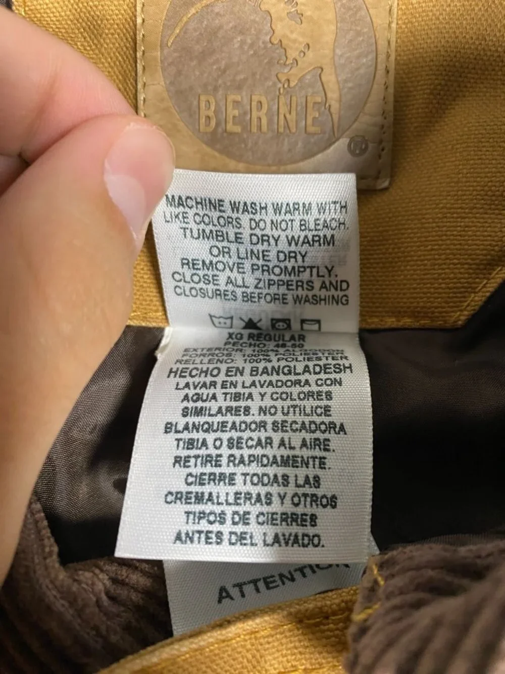 Berne Mens Tan Work Jacket XL Regular Cotton Shell Corduroy Collar Insulated
